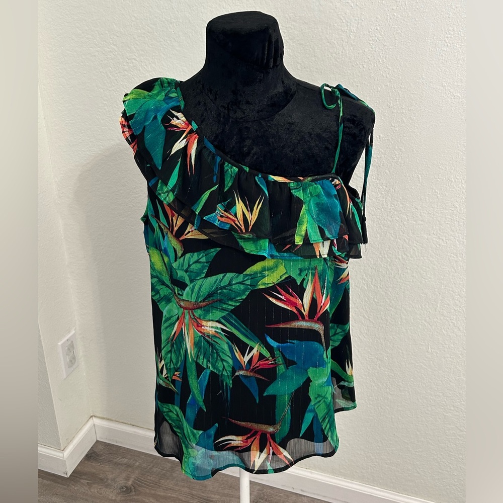 a.n.a Tropical Print One Shoulder Ruffle Blouse Black Green | NWT Size XL